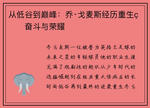 从低谷到巅峰：乔·戈麦斯经历重生的奋斗与荣耀