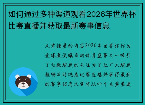 如何通过多种渠道观看2026年世界杯比赛直播并获取最新赛事信息
